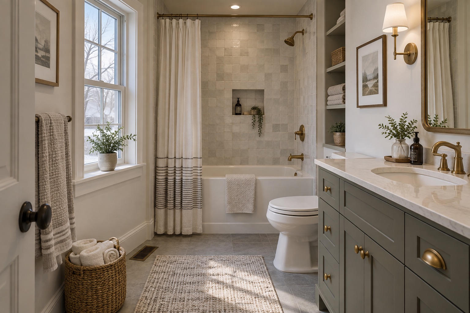 Concept bathroom with an alcove tub and practical vanity storage