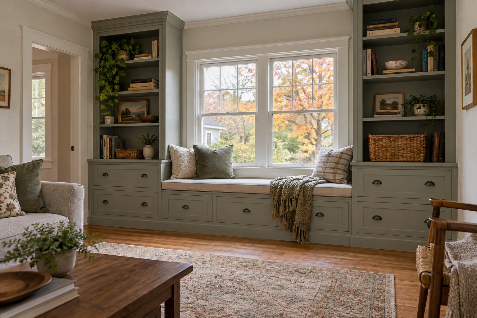 Concept made-to-fit built-ins and window seat in a New England family room
