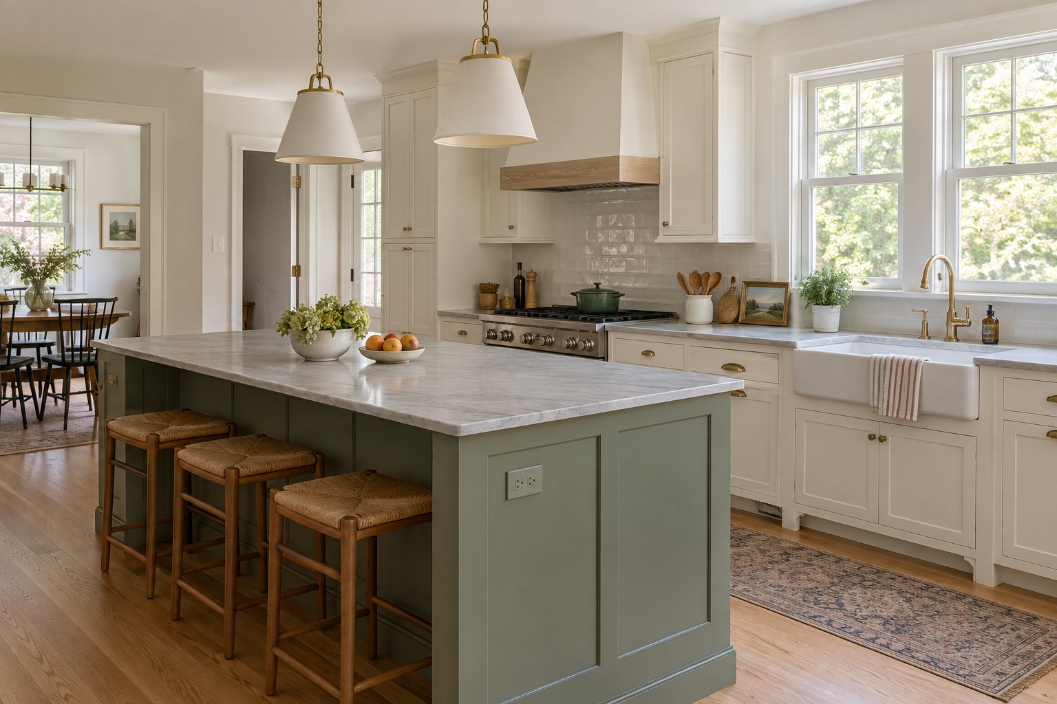 Concept kitchen with a sage island, white cabinetry and natural light