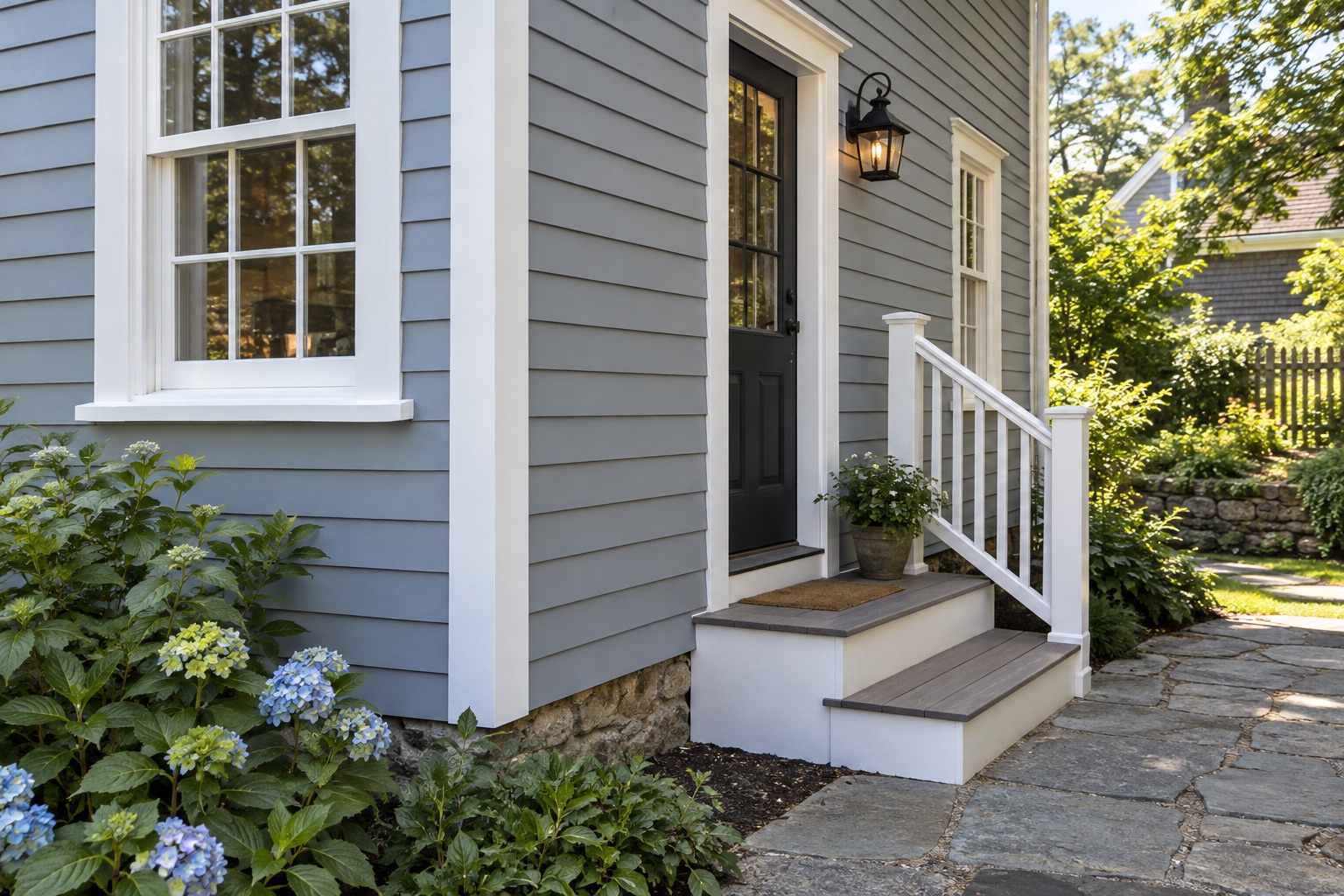Concept repaired exterior entry with clapboard siding and trim