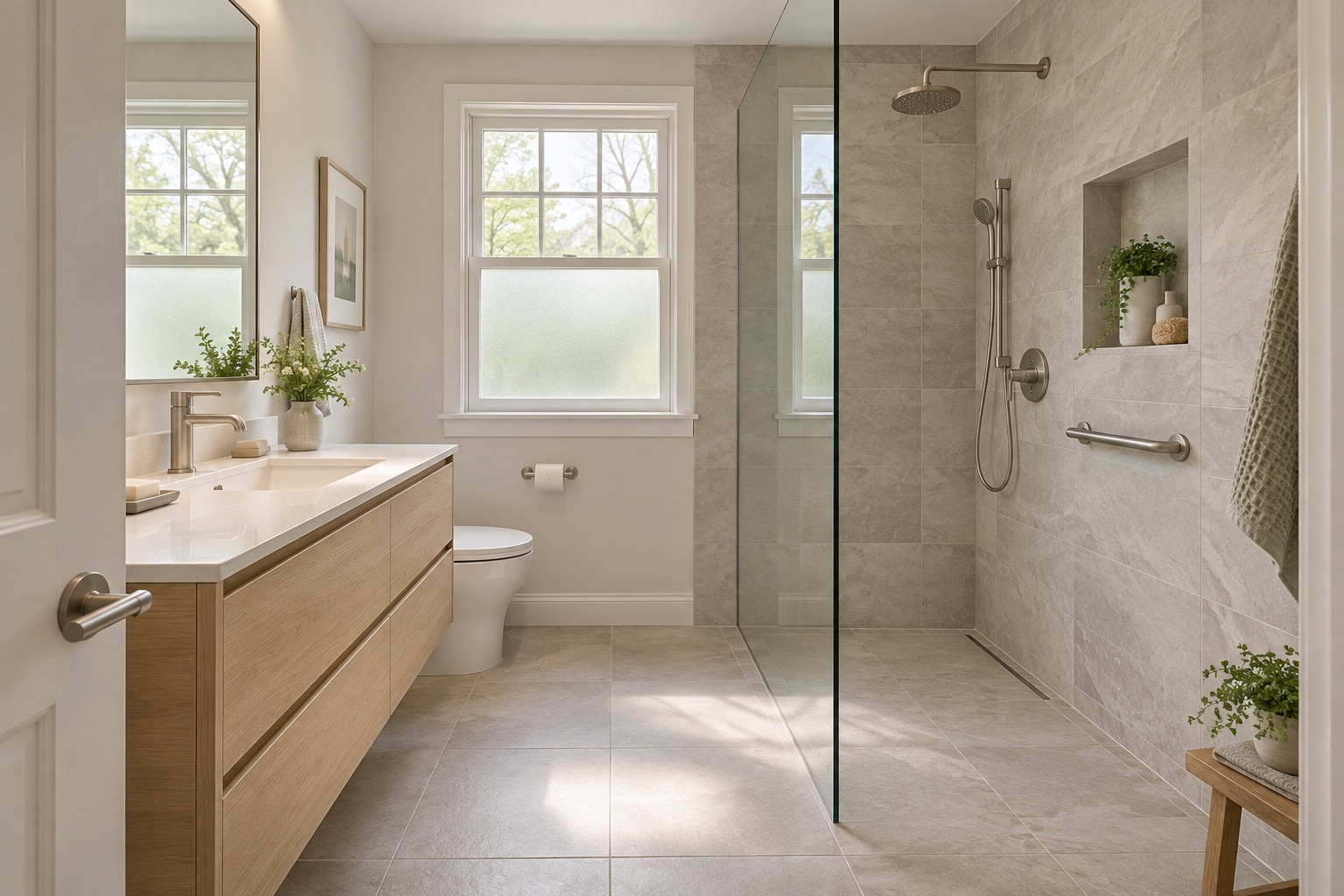 Soft stone & an open shower layout