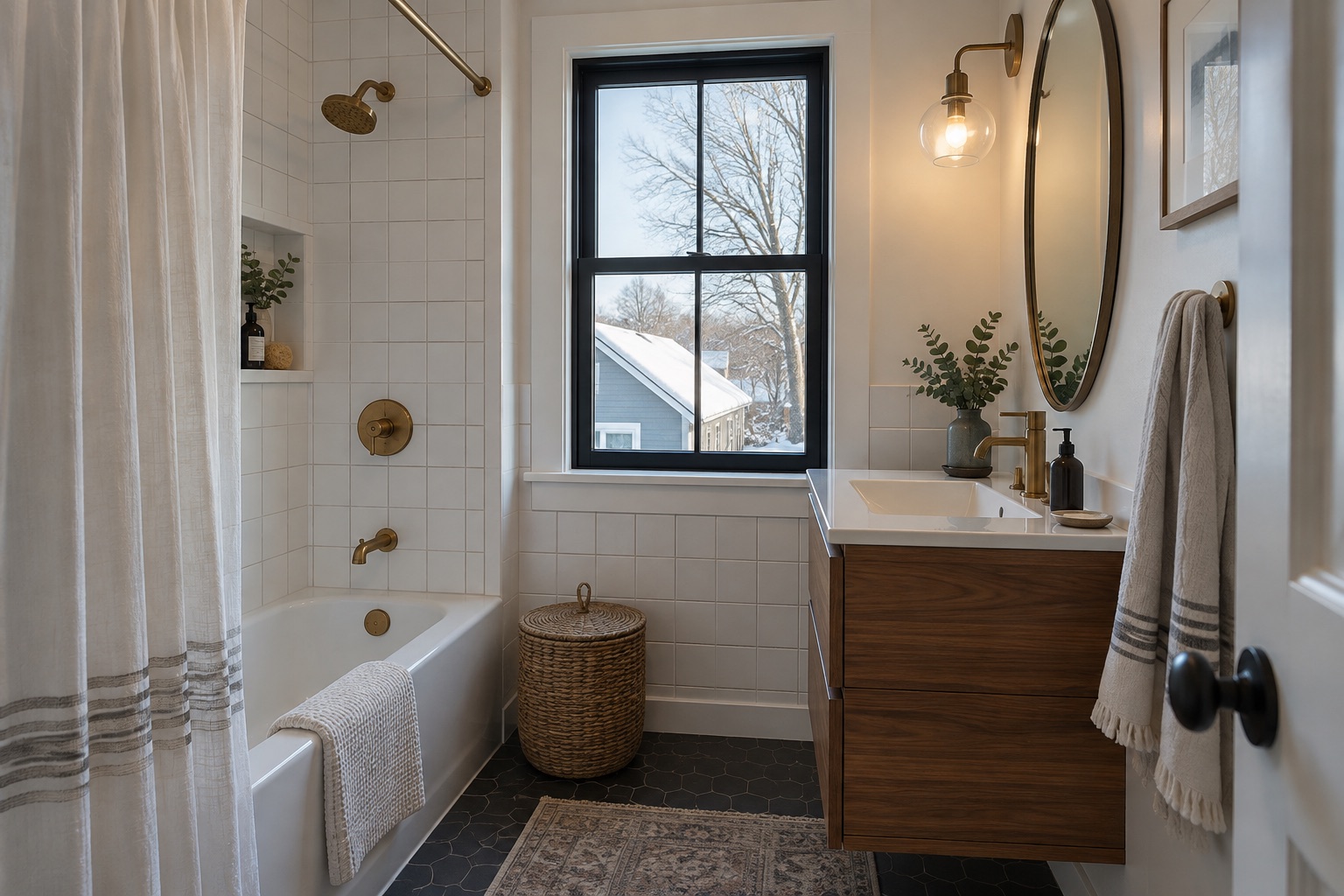 White tile & warm walnut