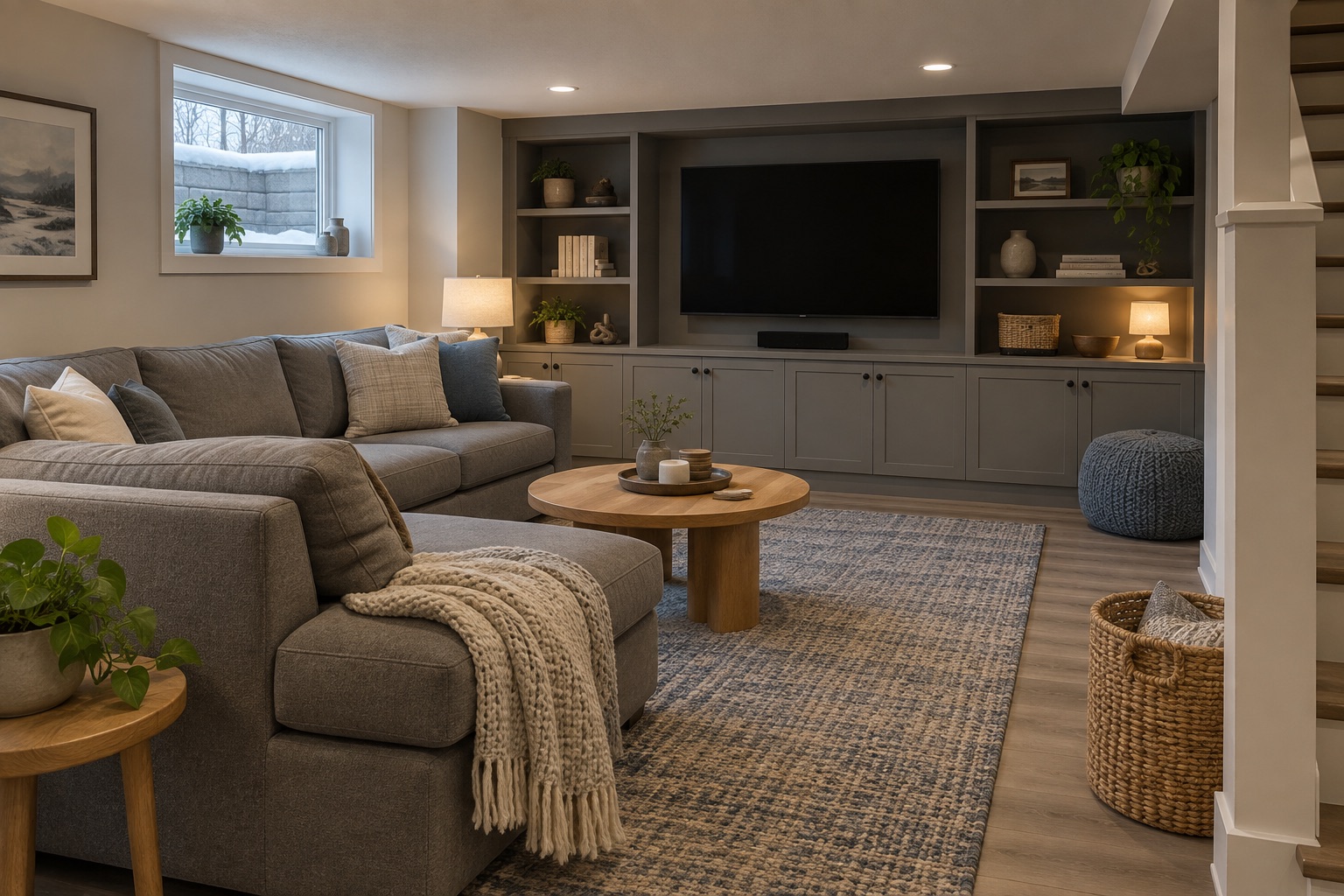 A cozy basement family room