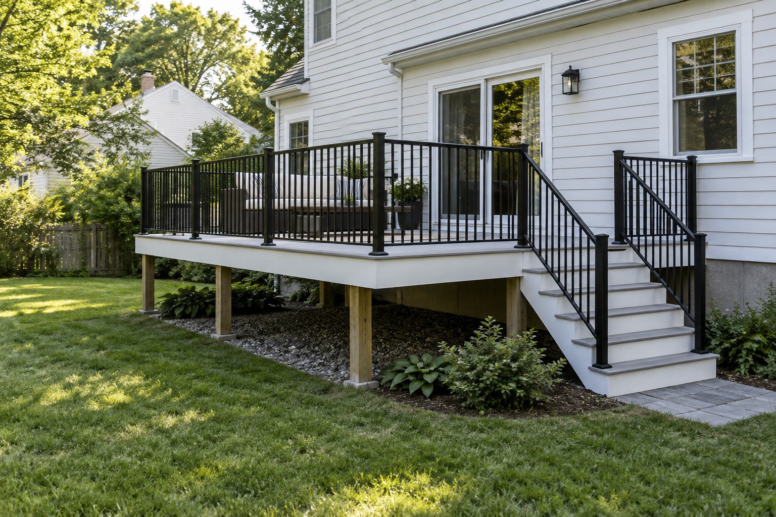 Summer living with crisp black rails