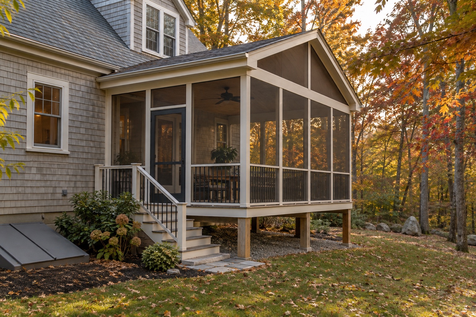 A screened porch with autumn color